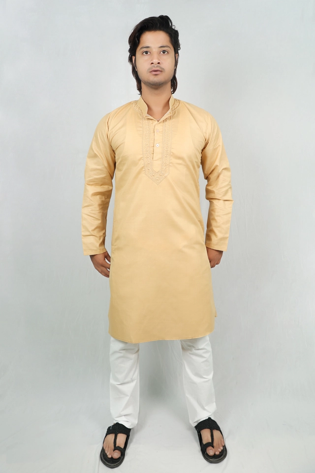 Cotton Full Sleeves Embroidered Kurta Set for Men (Beige & White, M)