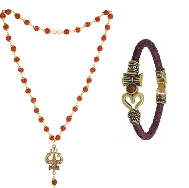 Religious Rudraksha Mala with Om Leather Bracelet for Men (Multicolor, Set of 2)