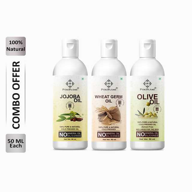 Puriflame Pure Jojoba Oil (50 ml), Wheat Germ Oil (50 ml) & Olive Oil (50 ml) Combo for Rapid Hair Growth (Pack Of 3) (B-11666)