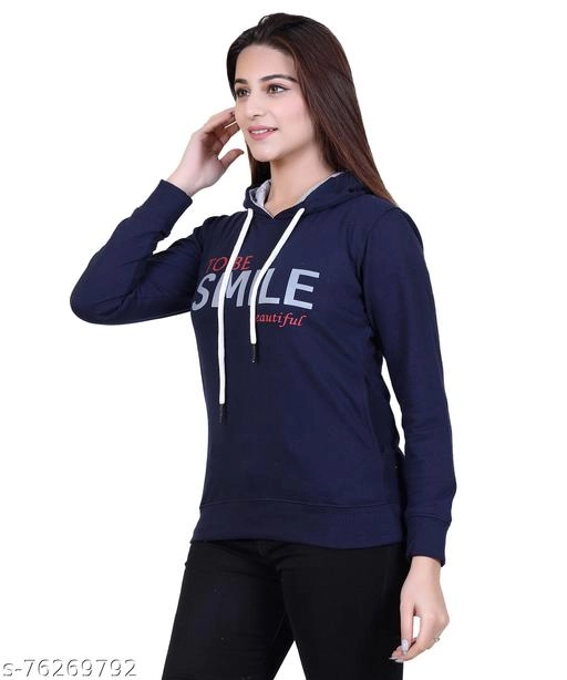 Cotton Blend Printed Hoodie for Women (Navy Blue, M)