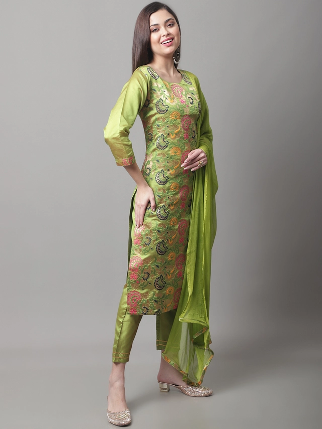 Cotton Silk Self Design Kurta with Pant for Women (Multicolor, S)