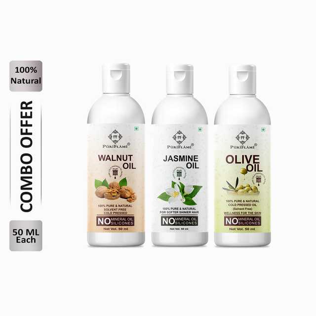 Puriflame Pure Walnut Oil (50 ml), Jasmine Oil (50 ml) & Olive Oil (50 ml) Combo for Rapid Hair Growth (Pack of 3) (B-13961)