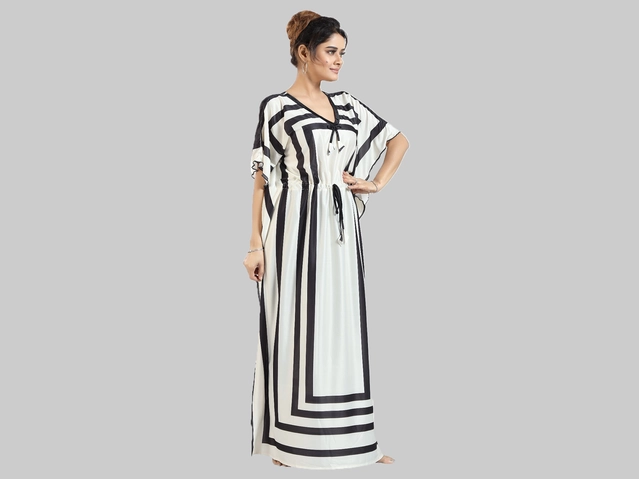 Satin Printed Nightdress for Women (White & Black, Free size)