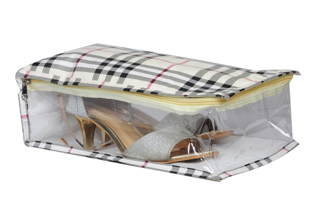 Portable Canvas Checkered Shoe Storage Bag (White)