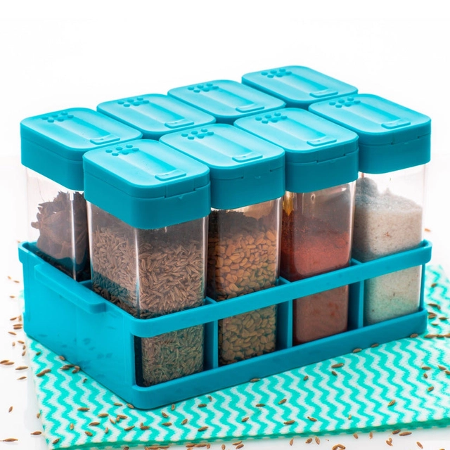 Plastic Air-Tight 8 Pcs Spice Storage Containers with Stand (Multicolor, Set of 1)