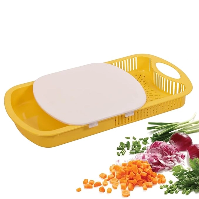 Plastic Chopping Board with Strainer for Kitchen (Yellow)