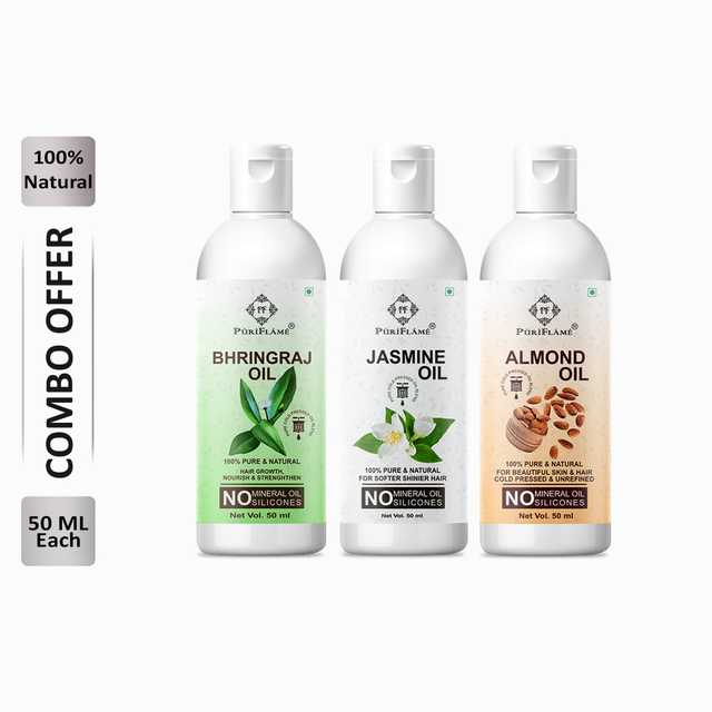 Puriflame Pure Bhringraj Oil (50 ml), Jasmine Oil (50 ml) & Almond Oil (50 ml) Combo for Rapid Hair Growth (Pack of 3) (B-9343)