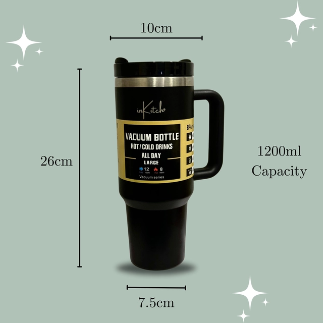 Stainless Steel Vacuum Insulated Tumbler with Straw (Black, 1200 ml)