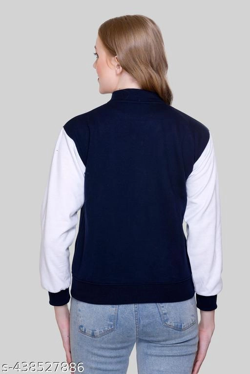 Fleece Solid Jackets for Women (Navy Blue & White, S)