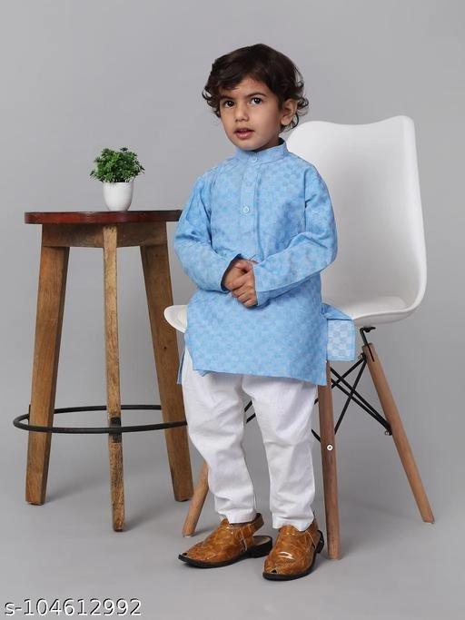 Cotton Kurta with Pyjama for Boys (Sky Blue & White, 12-18 Months)