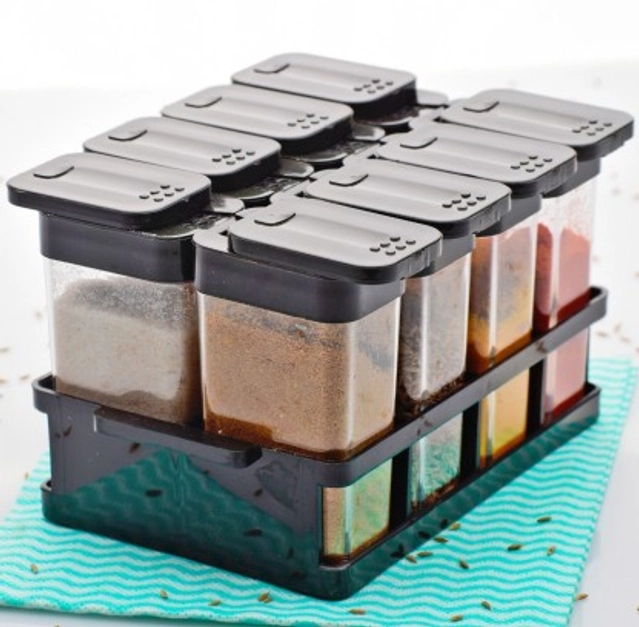 MAGIC PLUS Spice Box / Rack / Dani / Box / Container / Jar / Dabba / Multipurpose / Set For Masala / Spices -8 pcs (BLACK, Pack of 1)