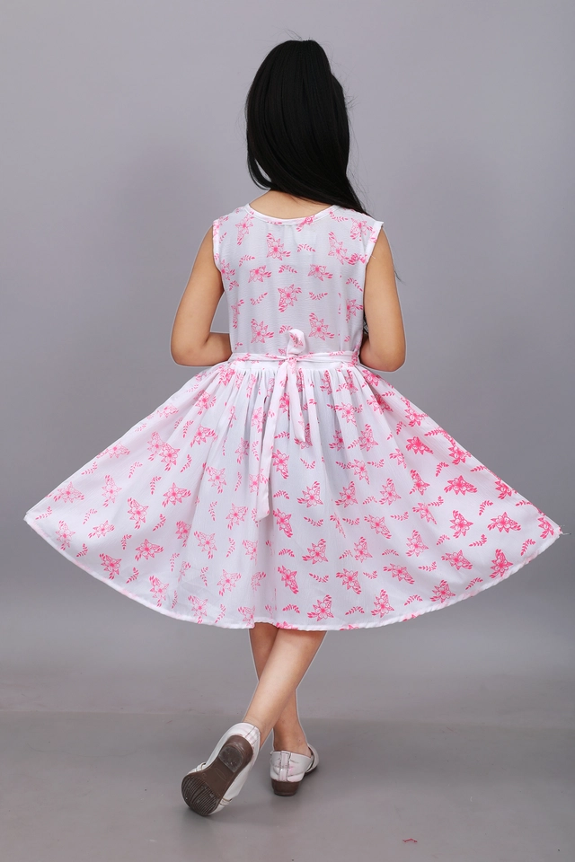 Cotton Blend Printed Frock for Girls (White & Pink, 1-2 Years)