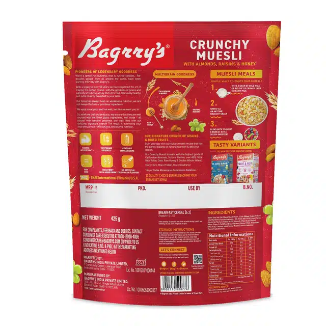 Bagrry's Crunchy Muesli with Akmonds, Raisins & Honey 40% Fibre Rich Oats 425 g