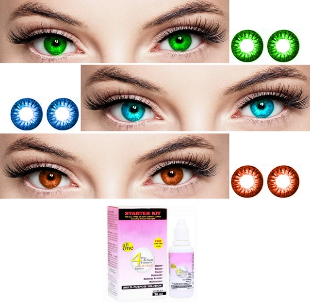 Combo of Zero Power Colored Contact Lenses for Eyes with Case (Multicolor, Set of 3)