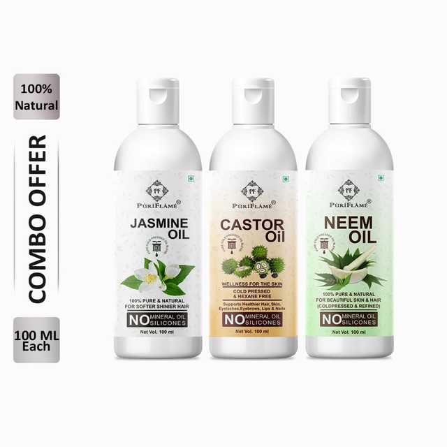 PuriFlame Pure Jasmine Oil (100 ml) & Castor Oil (100 ml) & Neem Oil (100 ml) Combo For Rapid Hair Growth (Pack Of 3) (B-4763)