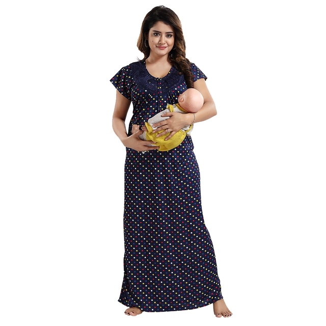 Satin Feeding Nighty for Women (Navy Blue, Free Size)