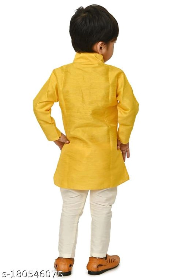 Art Silk Kurta with Pyjama Set for Kids (Yellow & White, 2-3 Years)