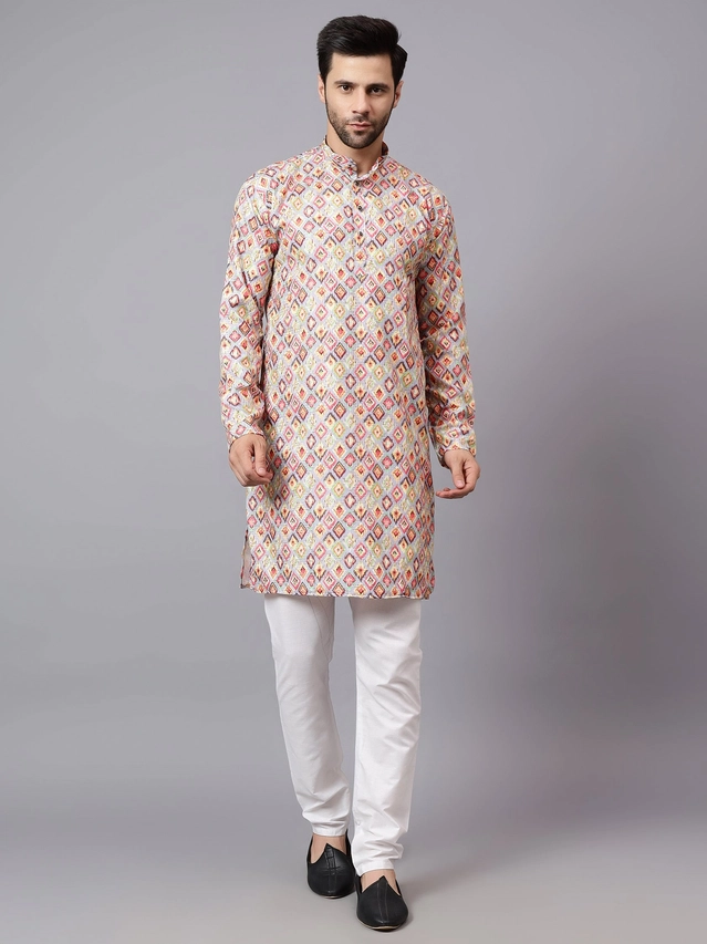 Crochet Printed Kurta with Pyjama for Men (Beige & White, S)