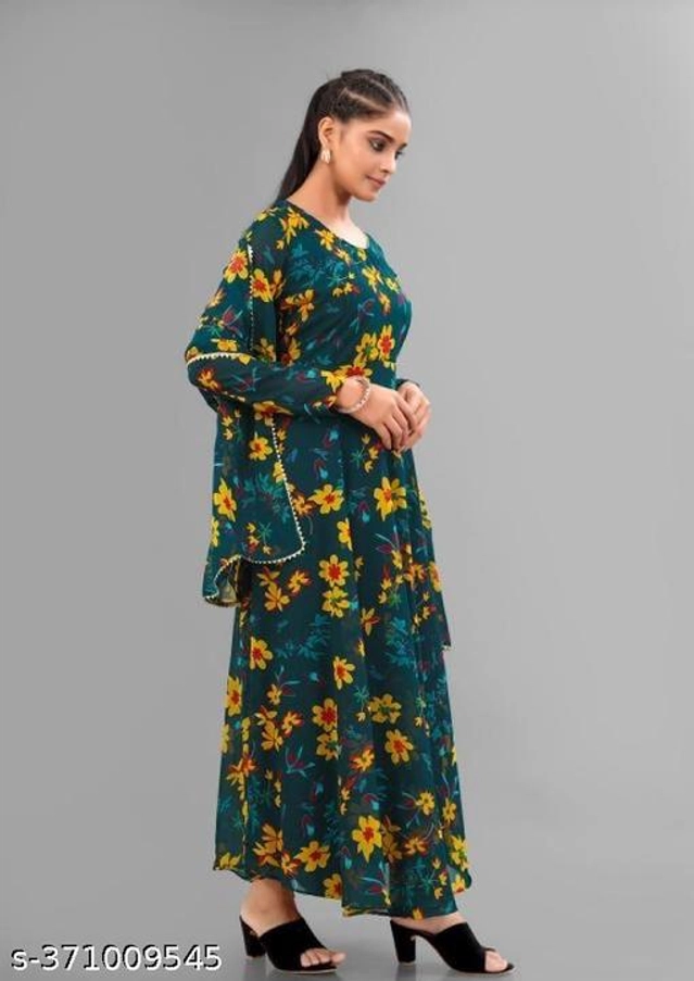 Georgette Printed Gown with Dupatta for Women (Bottle Green, S)