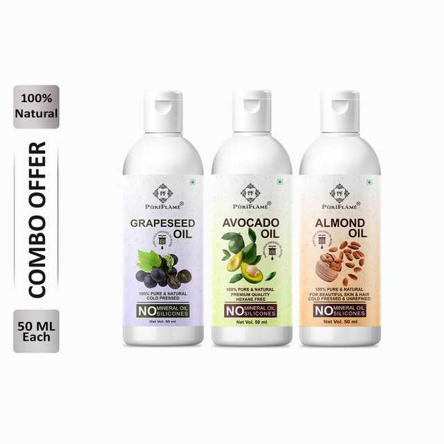 Puriflame Pure Grapeseed Oil (50 ml), Avocado Oil (50 ml) & Almond Oil (50 ml) Combo for Rapid Hair Growth (Pack of 3) (B-10771)
