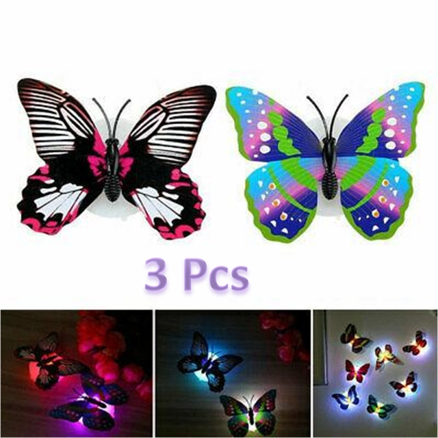 Plastic LED 3D Butterfly Wall Stickers (Multicolor, Pack of 3)