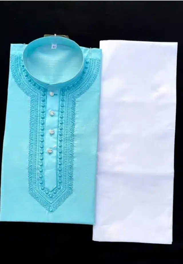 Cotton Blend Embroidered Kurta Set for Men (Blue & White, M)