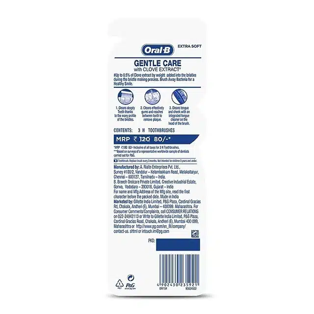 Oral-B Gentle Care Toothbrush with Clove Extract, Extra Soft (Buy 2 Get 1 Free)