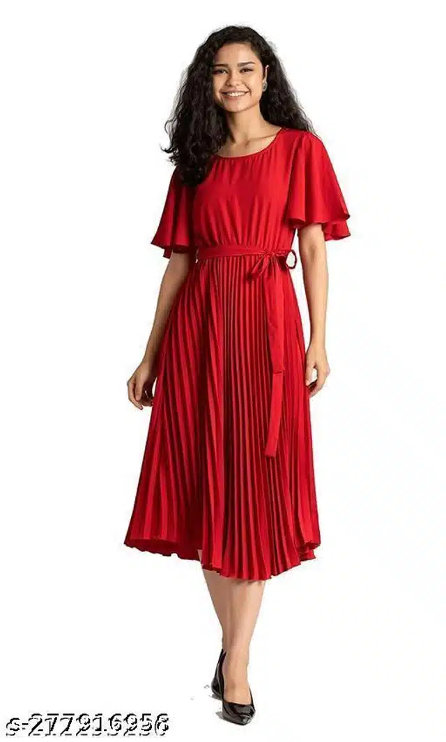 Half Sleeves Dress for Women (Red, S)