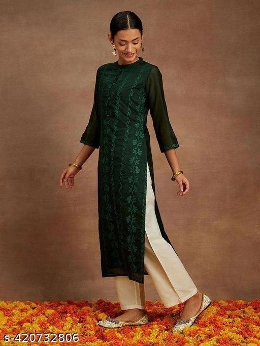 Cotton Silk Embroidered Kurti for Women (Green, XS)