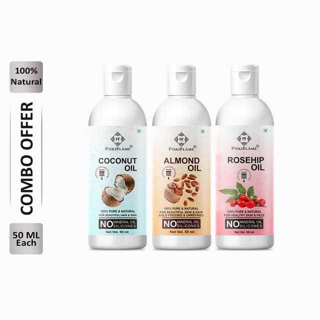 Puriflame Pure Coconut Oil (50 ml), Almond Oil (50 ml) & Rosehip Oil (50 ml) Combo for Rapid Hair Growth (Pack of 3) (B-10155)