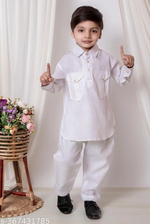 Cotton Solid Kurta with Pyjama for Boys (White, 2-3 Years)