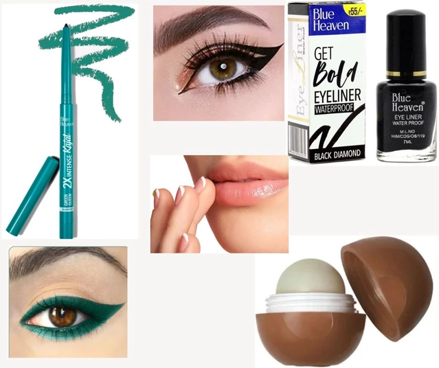 Combo of Blue Heaven Waterproof Eyeliner with 2x Intense Kajal & Lip Balm (Multicolor, Set of 3)