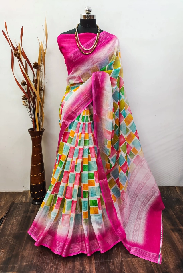 Linen Printed Saree for Women (Multicolor, 6.3 m)