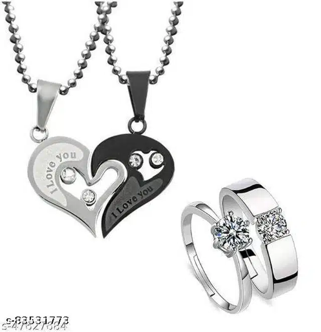 Pendant with Chain & Rings (Silver & Black, Set of 4)