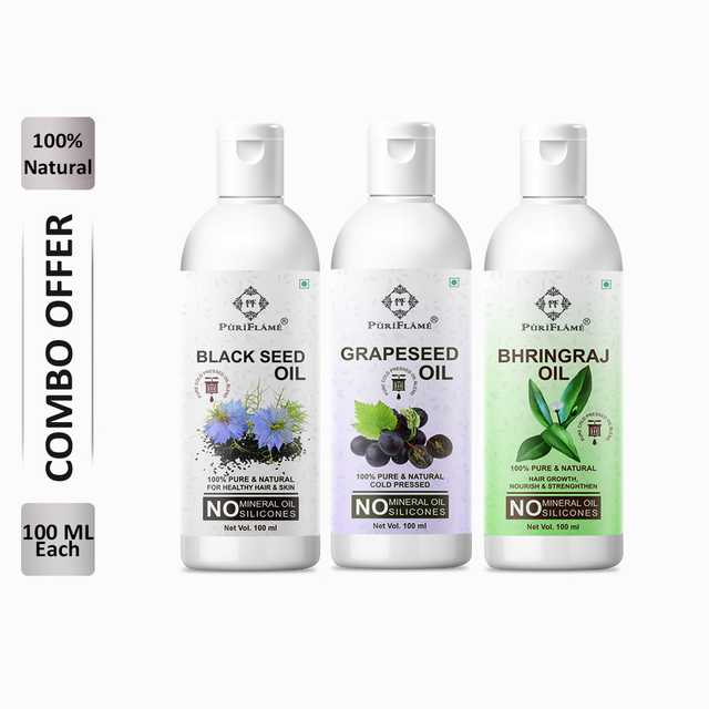 PuriFlame Pure Blackseed Oil (100 ml) & Grapeseed Oil (100 ml) & Bhringraj Oil (100 ml) Combo For Rapid Hair Growth (Pack Of 3) (B-3082)