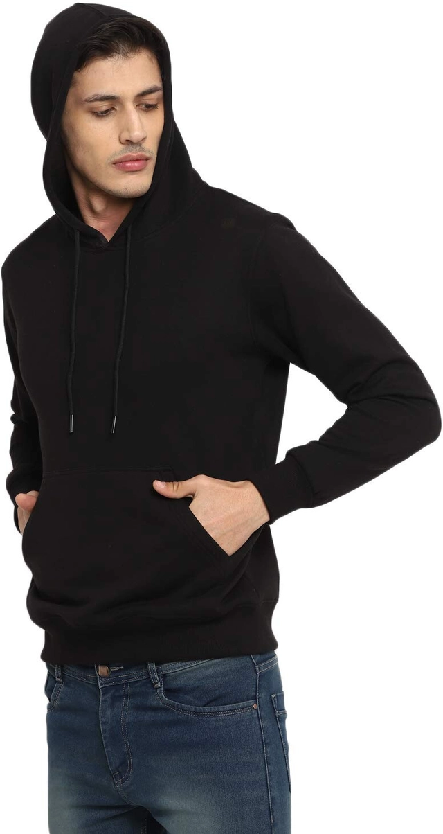 Cotton Blend Solid Hoodie for Men (Black, L)