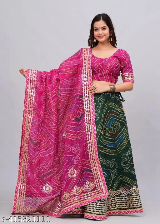 Kota Doriya Bandhani Semi Stitched Lehenga with Choli & Dupatta for Women (Pink & Green)