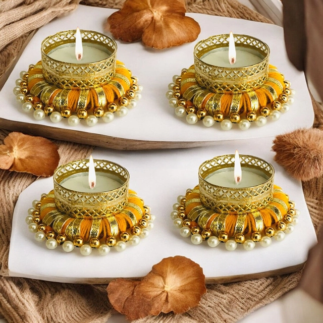 Metal Designer Tealight Candle Holder (Yellow, 7.8x7.8x3 cm) (Pack of 4)