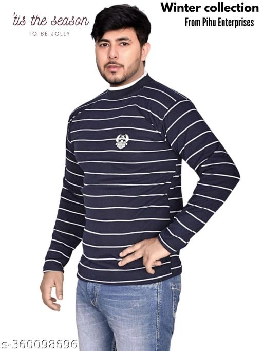 Woolen Striped Sweater for Men (Navy Blue, M)