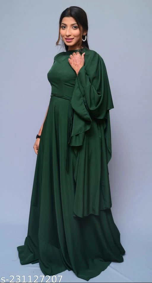 Crepe Solid Gown for Women (Bottle Green, M)