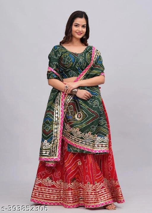 Kota Doriya Bandhani Semi Stitched Lehenga with Choli & Dupatta for Women (Green & Red)