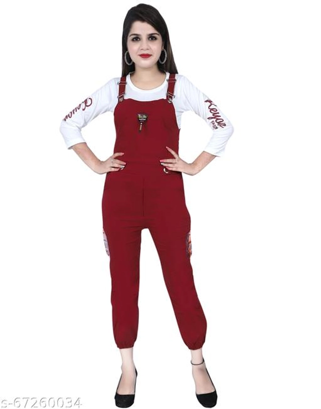 Cotton Blend Solid Dungaree for Women & Girls (White & Maroon, S)