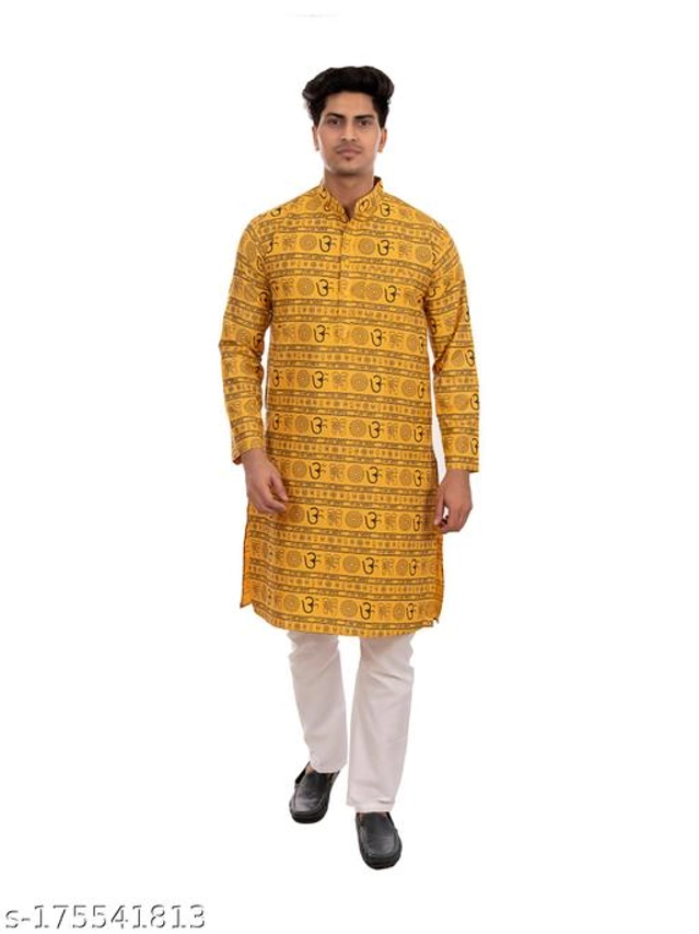 Cotton Blend Kurta for Men (Yellow, S)