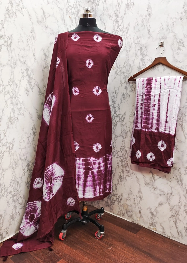 Chanderi Cotton Tie and Dye Unstitched Suit Fabric for Women (Maroon, 2.25 m)