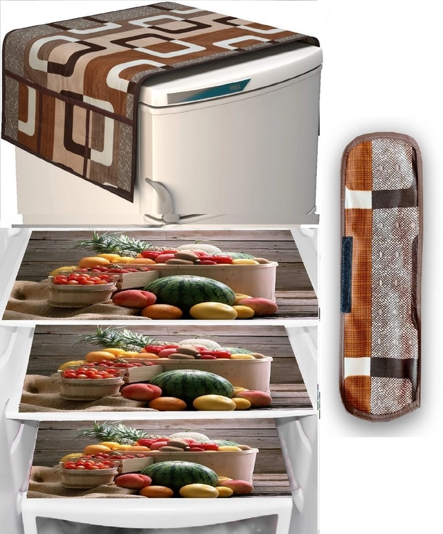 PVC Fridge Top Cover with 6 Utility Pockets & Handle Cover with 3 Pcs Shelf Mats (Multicolor, Set of 1)