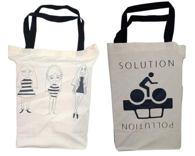 Active Basic Cotton Cartoon Printed With Zip Closure Canvas Bag (Pack Of 2, Off-White) (SS-358)