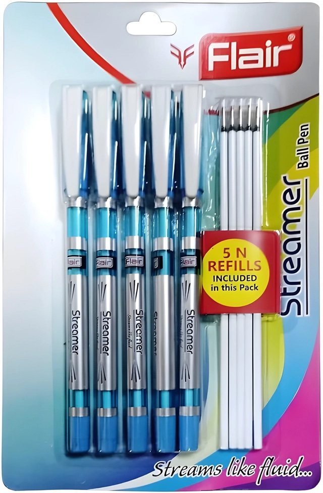 FLAIR Streamer Ball Pens with 5 Reffils(5 Pcs) Blue