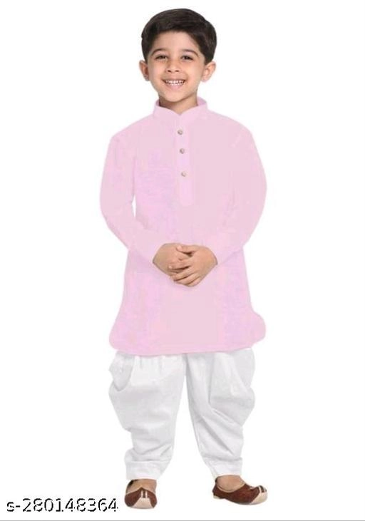 Cotton Solid Kurta with Pyjama for Boys (2-3 Years, Pink & White)