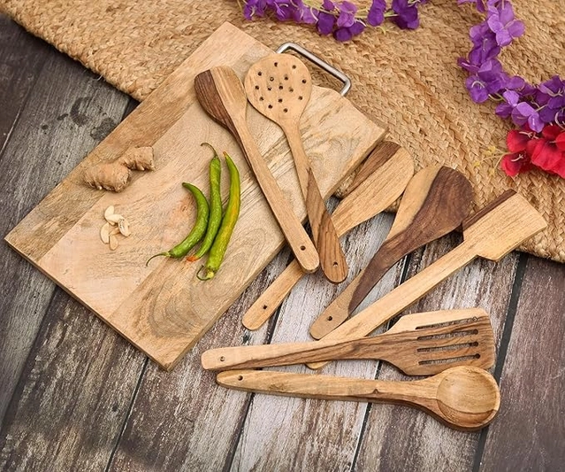 Wooden Utensils Set for Kitchen (Brown, Set of 7)