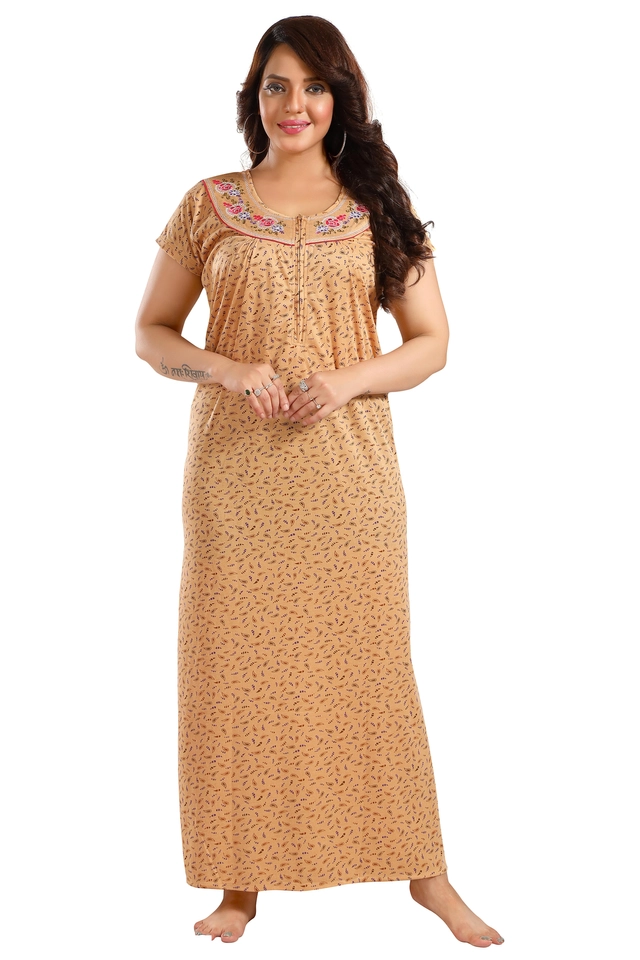 Hosiery Printed Nightdress for Women (Mustard, M)